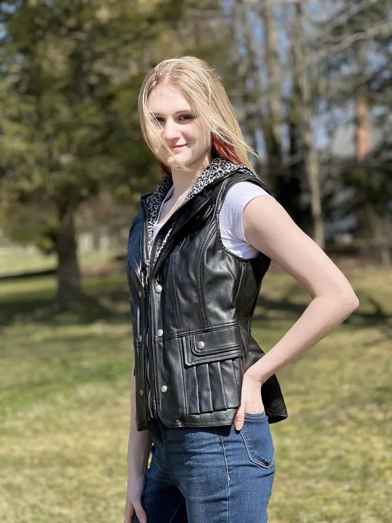 Ladies Faux Leather Vest with Printed Hood (BF2111V)