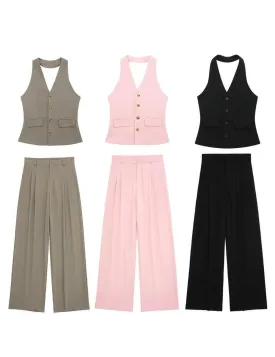 Ladies Halterneck Vest and Straight Pants Set 2251