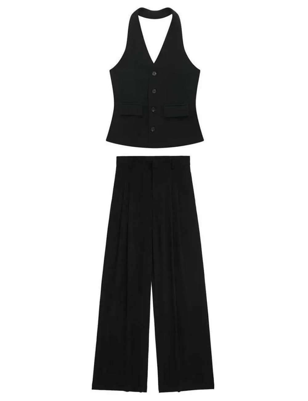 Ladies Halterneck Vest and Straight Pants Set 2251