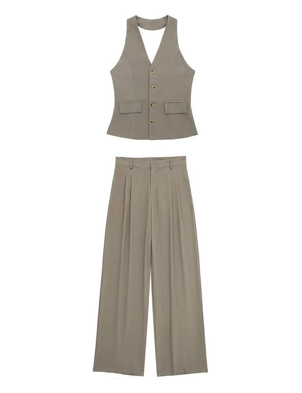 Ladies Halterneck Vest and Straight Pants Set 2251