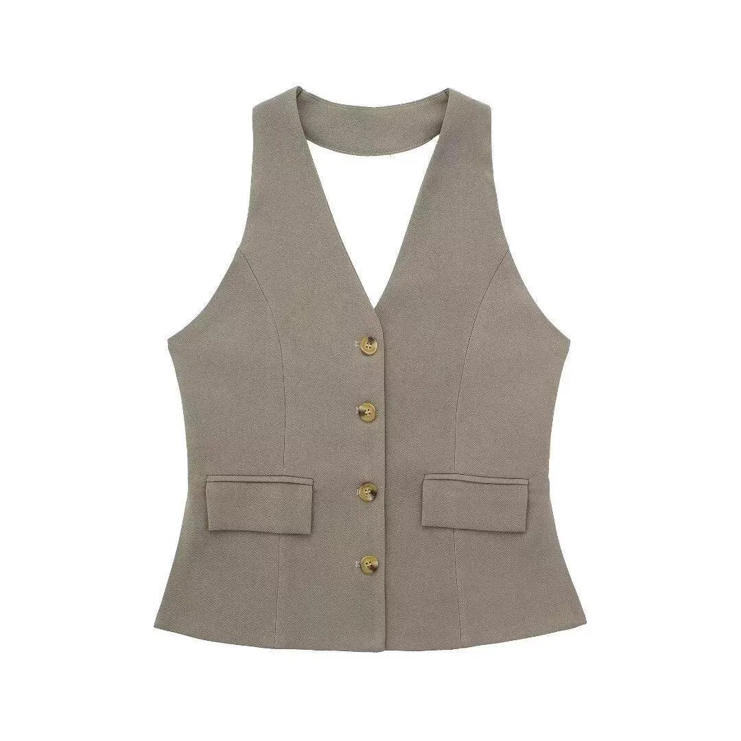 Ladies Halterneck Vest and Straight Pants Set 2251