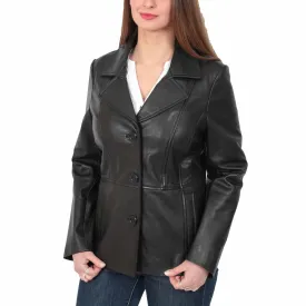 Ladies Leather Blazer Coat Fitted Classic Hip Length Jacket Judy Black