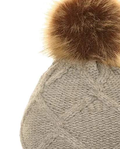 Ladies Michy Cable Knit Bobble Hat Fuax Poms - Grey