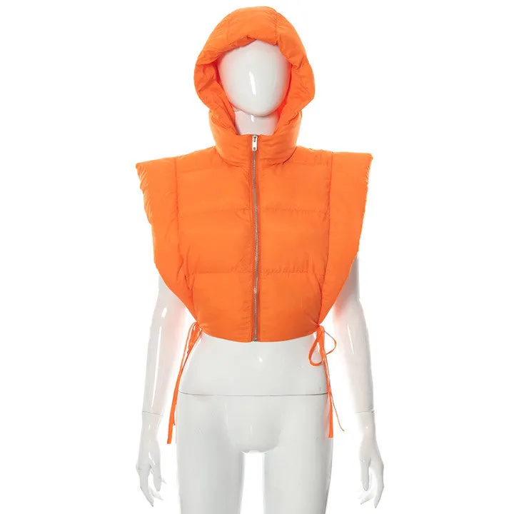 Ladies puffer bubble tie side vest coat hoodie crop jacket