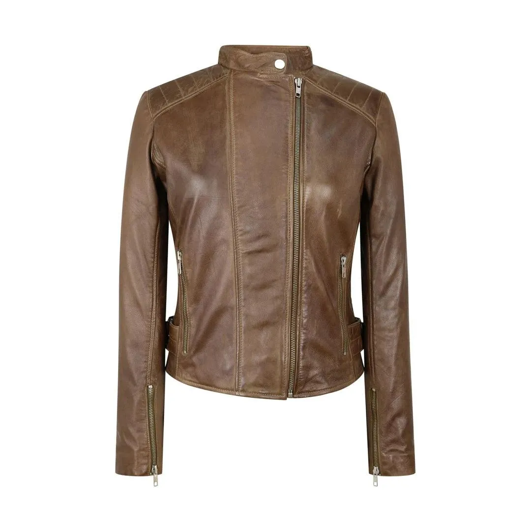 Ladies Real Leather Jacket Cross Zip Brando Nehru Collarless Soft Slim Fit