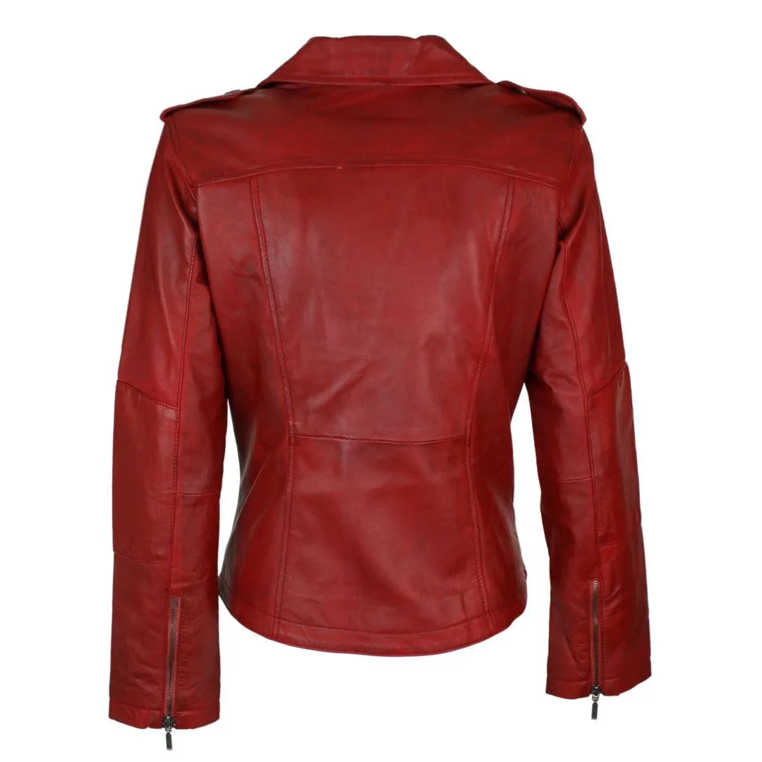 Ladies Women Real Genuine Soft Leather Biker Style Red Jacket