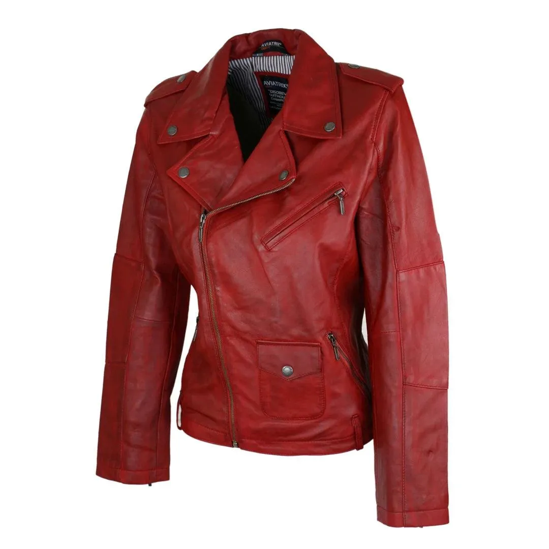 Ladies Women Real Genuine Soft Leather Biker Style Red Jacket