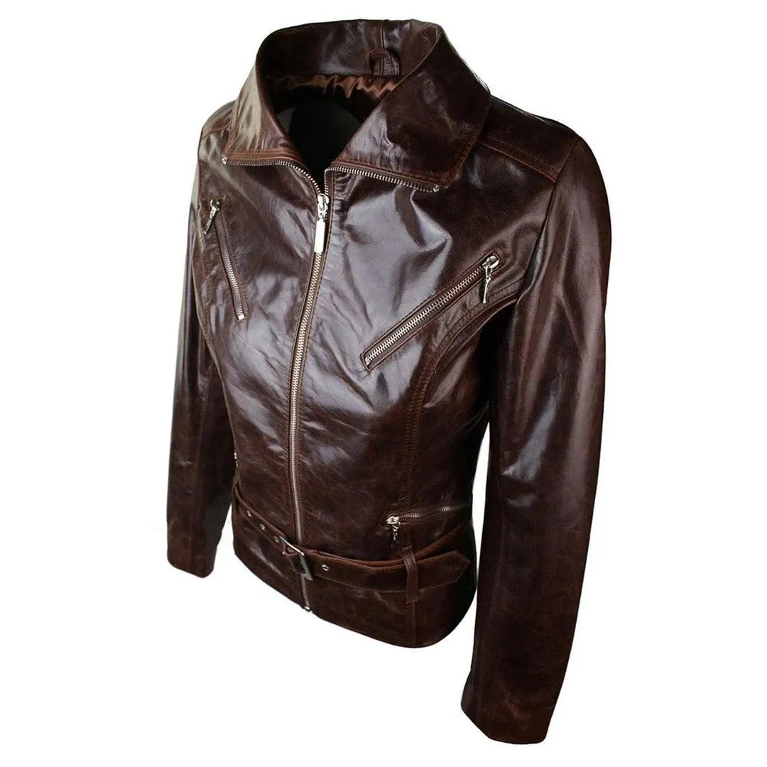 Ladies Women Real Leather  Biker Style Rock Belted Vintage Brown Jacket