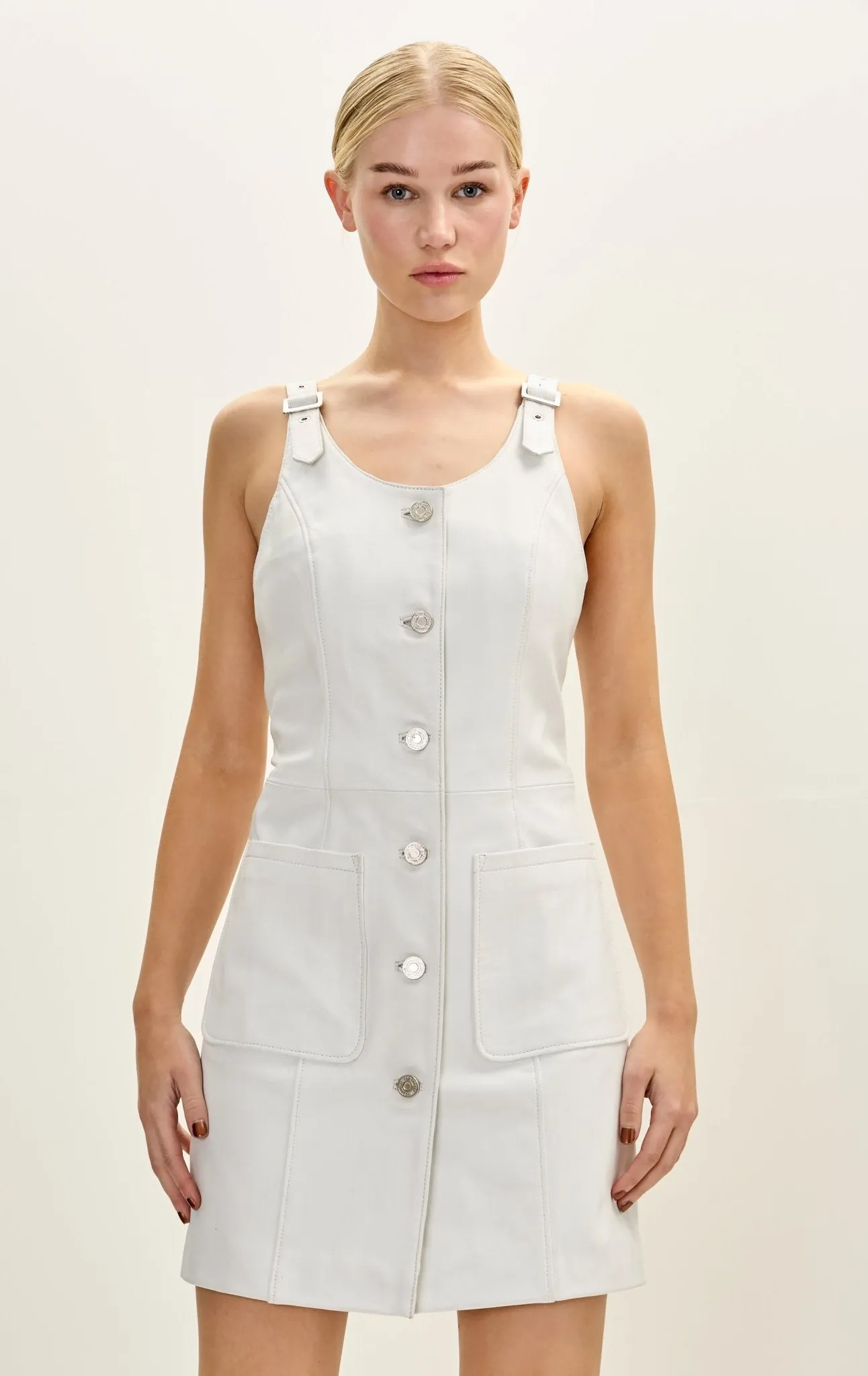 Lambskin Leather Button Front Mini Tank Dress - White