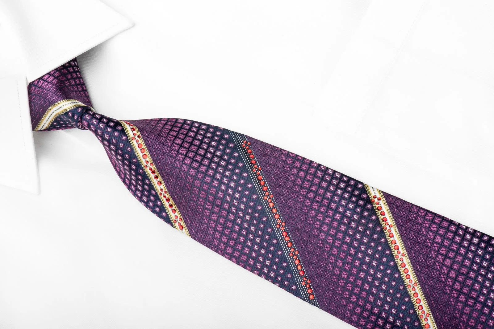 Lancetti Men's Crystal Rhinestone Silk Necktie Striped On Purple With Sparkles