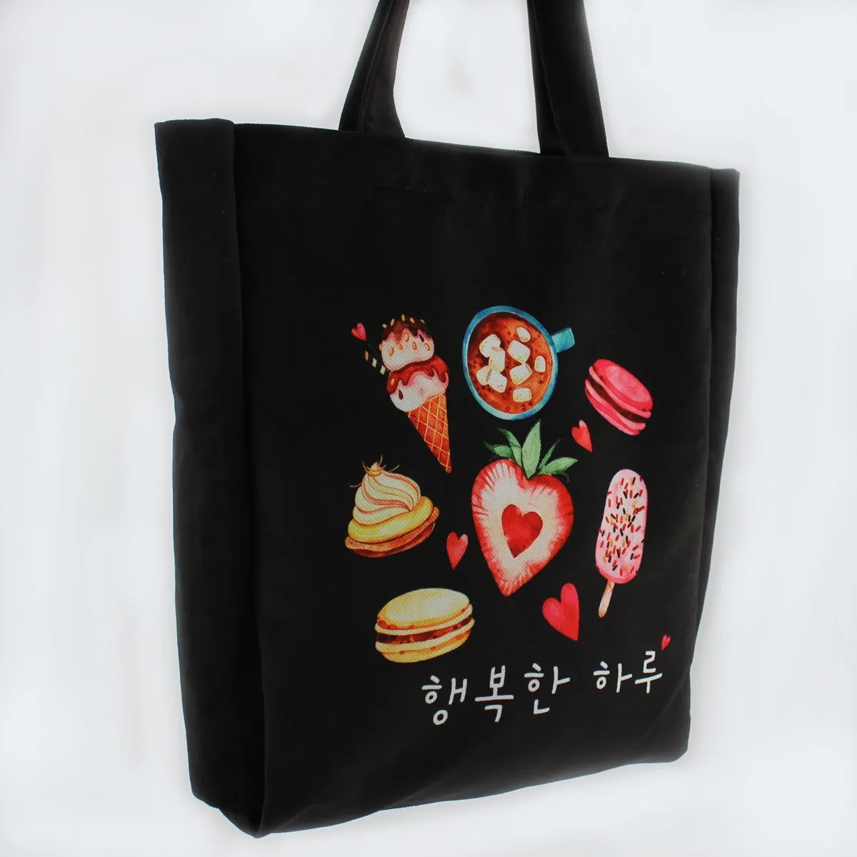 Large Black Korean Tote Bag Ice Cream Dessert Kpop with Red Strawberry Shiba Keychain