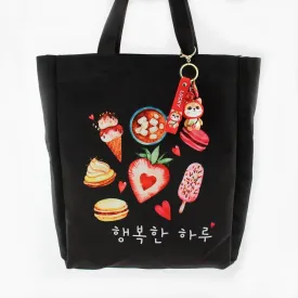 Large Black Korean Tote Bag Ice Cream Dessert Kpop with Red Strawberry Shiba Keychain