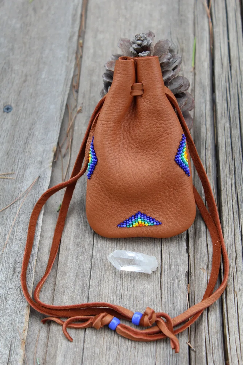 Large leather medicine bag, beaded buckskin bag