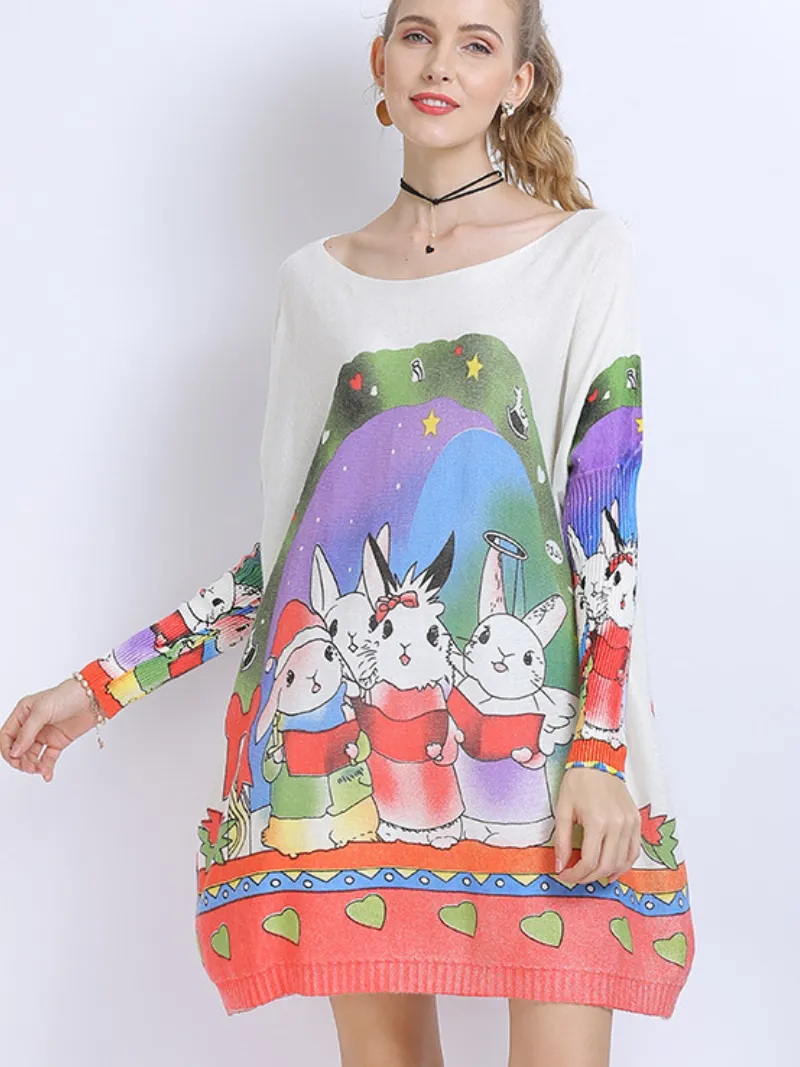 Large Size midi length Sweater Neck Rabbit Print Knit Sweater Tops