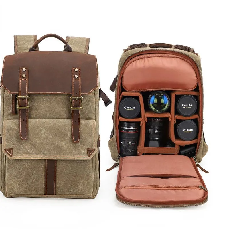 Large Storage SLR Camera Leather Canvas Backpack K001