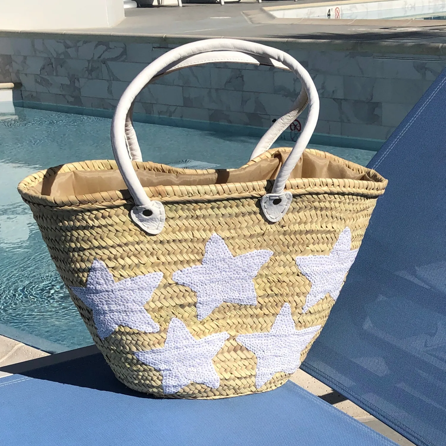 Large Straw Tote with White Sequin Stars