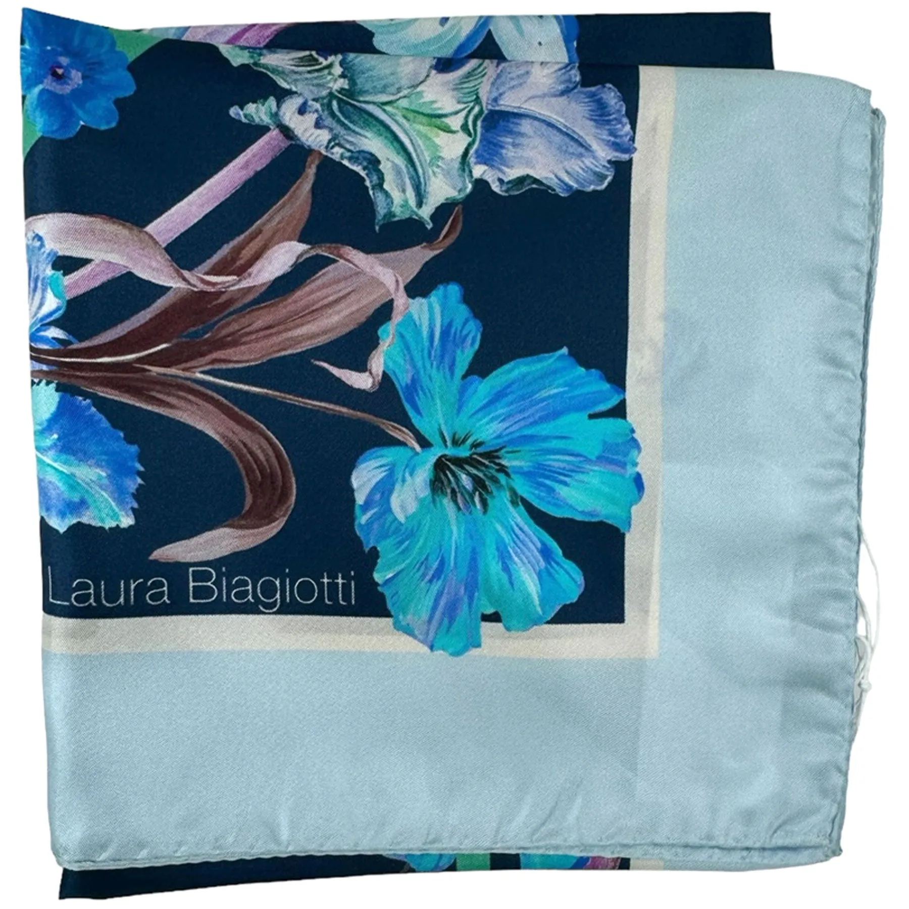 Laura Biagiotti Scarf Dark Blue Sky Blue Floral - Square Silk Foulard