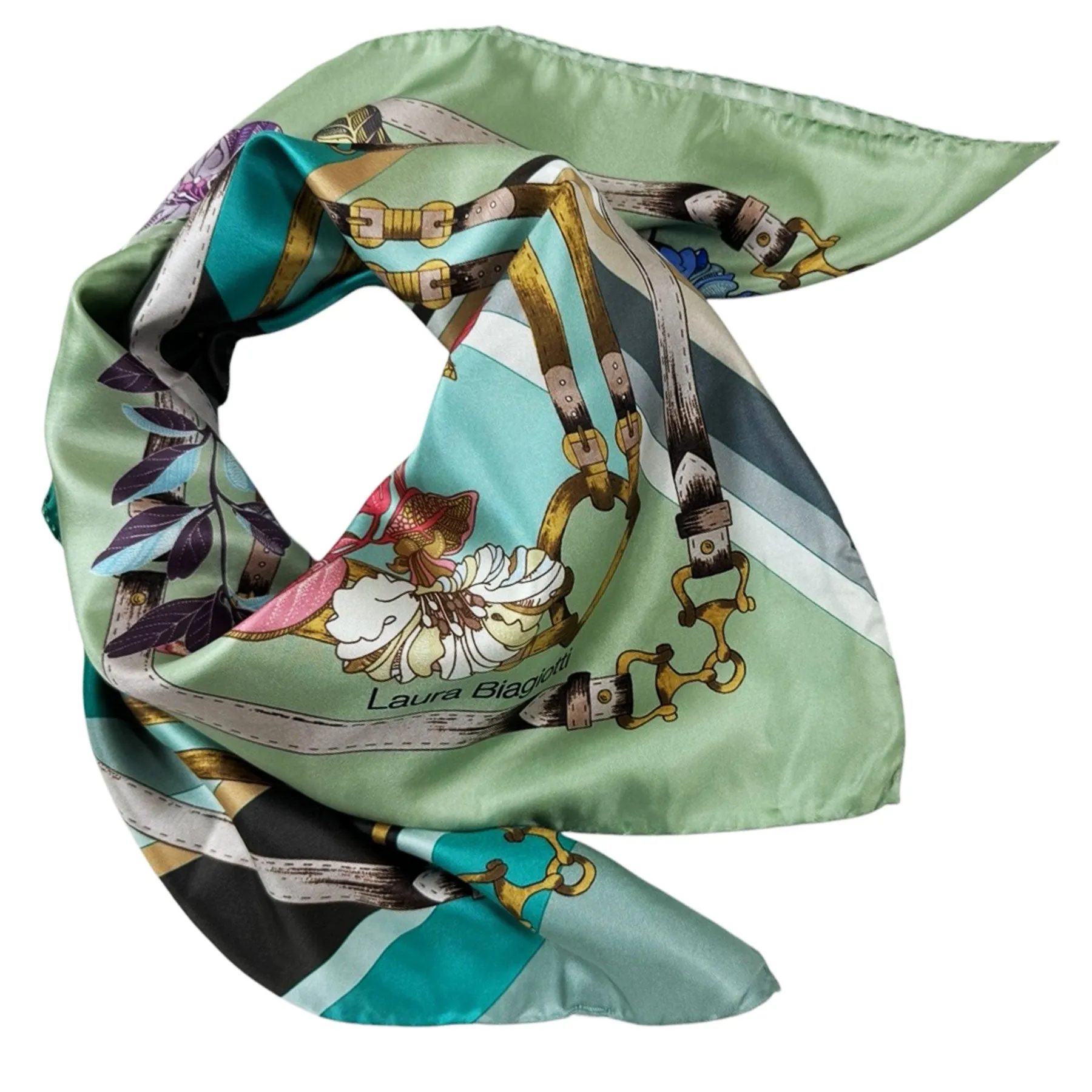 Laura Biagiotti Silk Scarf Mint Green Floral Equestrian - Square Foulard - Made In Italy