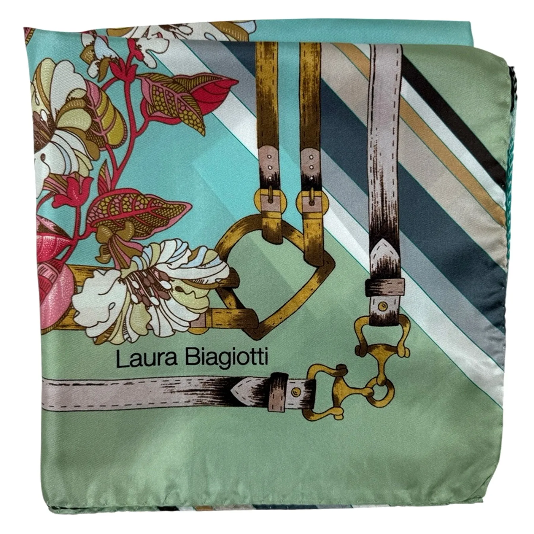 Laura Biagiotti Silk Scarf Mint Green Floral Equestrian - Square Foulard - Made In Italy