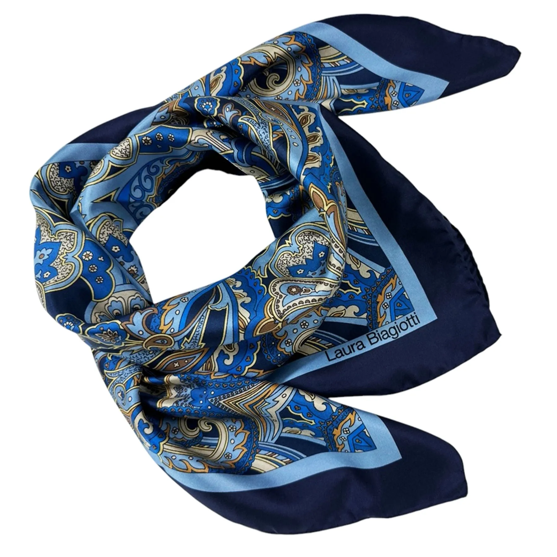 Laura Biagiotti Silk Scarf Navy Blue Brown Ornamental - Square Foulard - Made In Italy