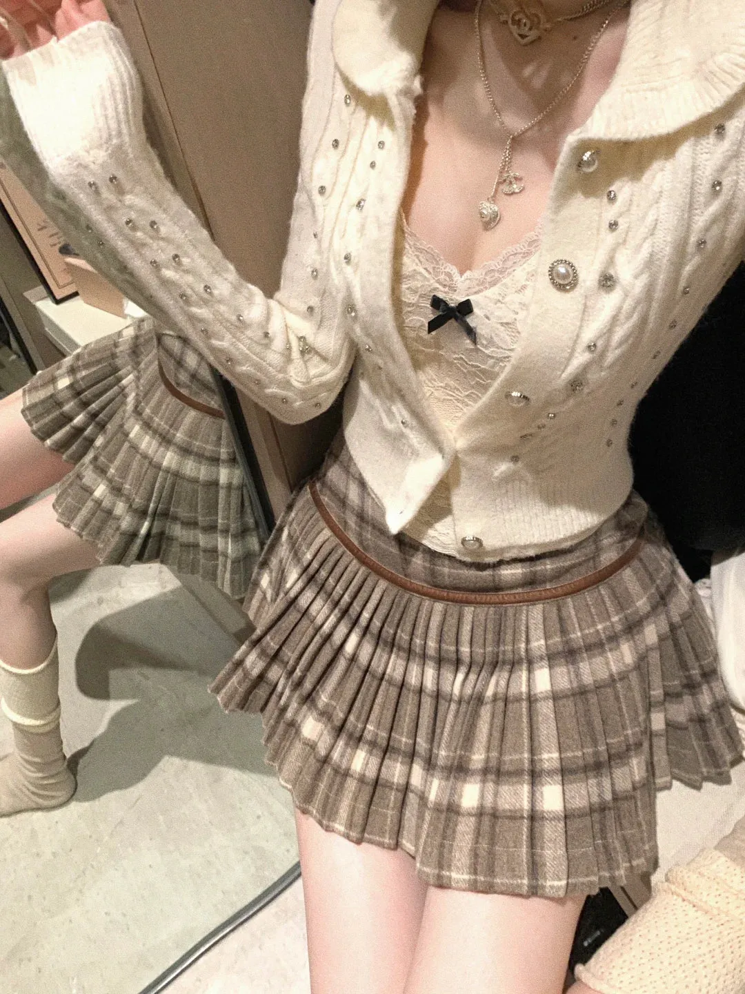 Lazy Girl Pearl Cloud Cream Cami & Cardigan & Black Shorts Plaid Skirt Three Piece Set