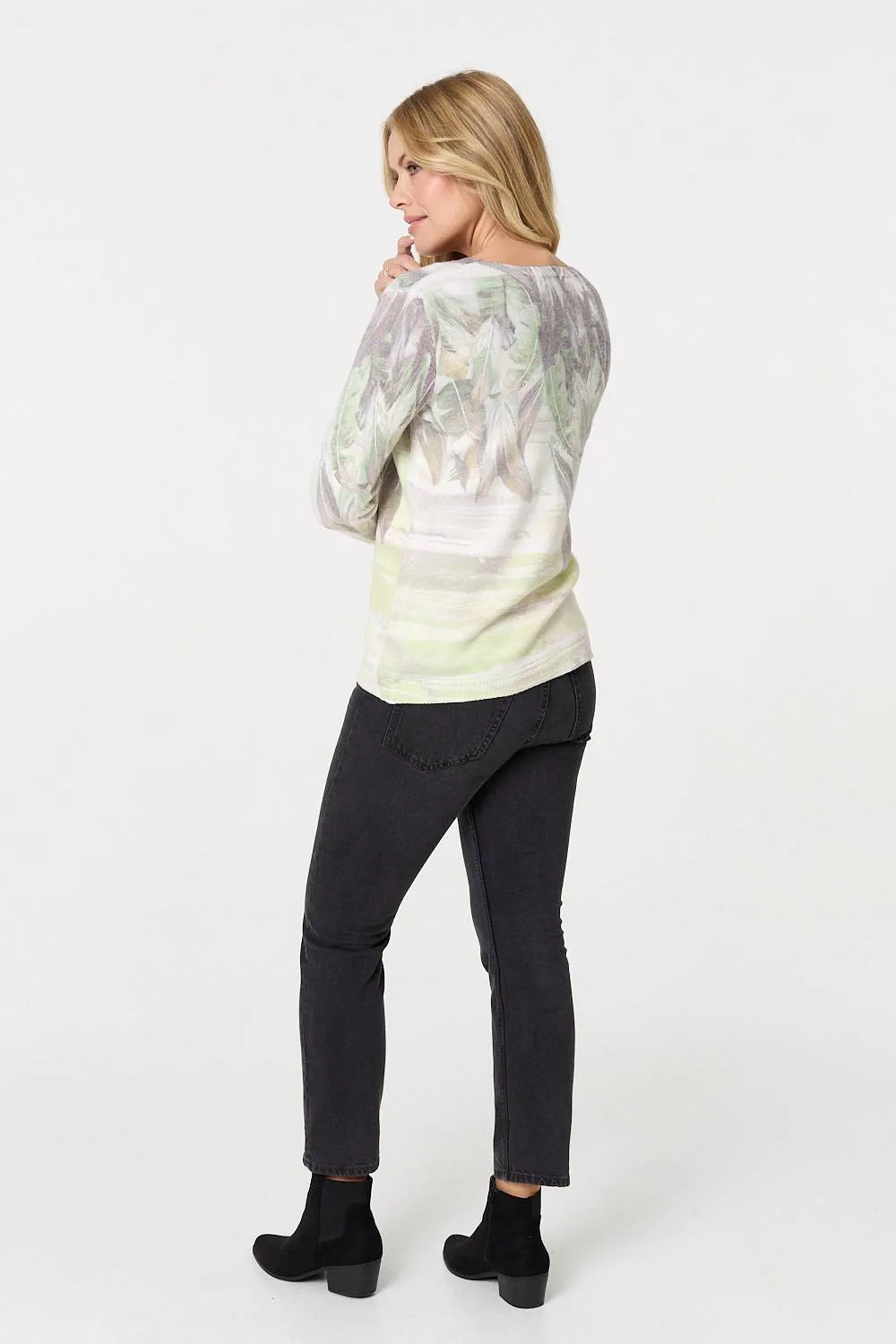 Leaf Print Long Sleeve Slim Cardigan