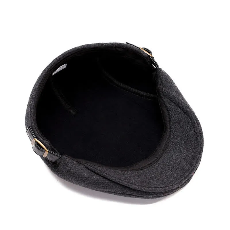 Leather Adjustable Buckle Flat Beanie Cap Beret