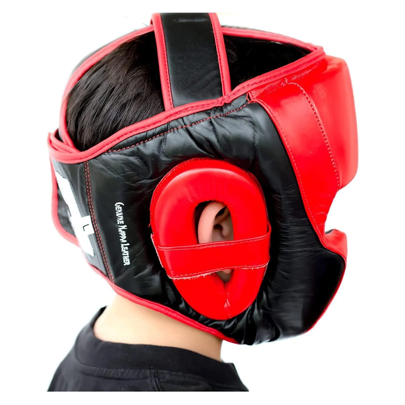 LEATHER BOXING HEADGEAR MMA SPARRING KICKBOXING RED-BLACK