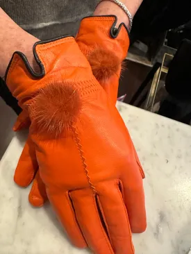 Leather Gloves with Fur Poms Orange