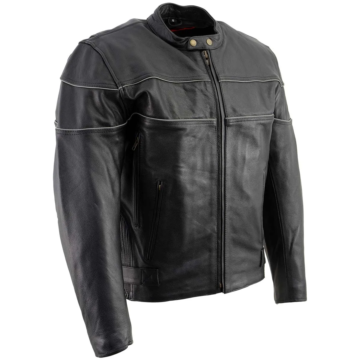 Leather King Men's XS2121NB ‘Side Stretch’ Black Leather Jacket with Reflective Piping