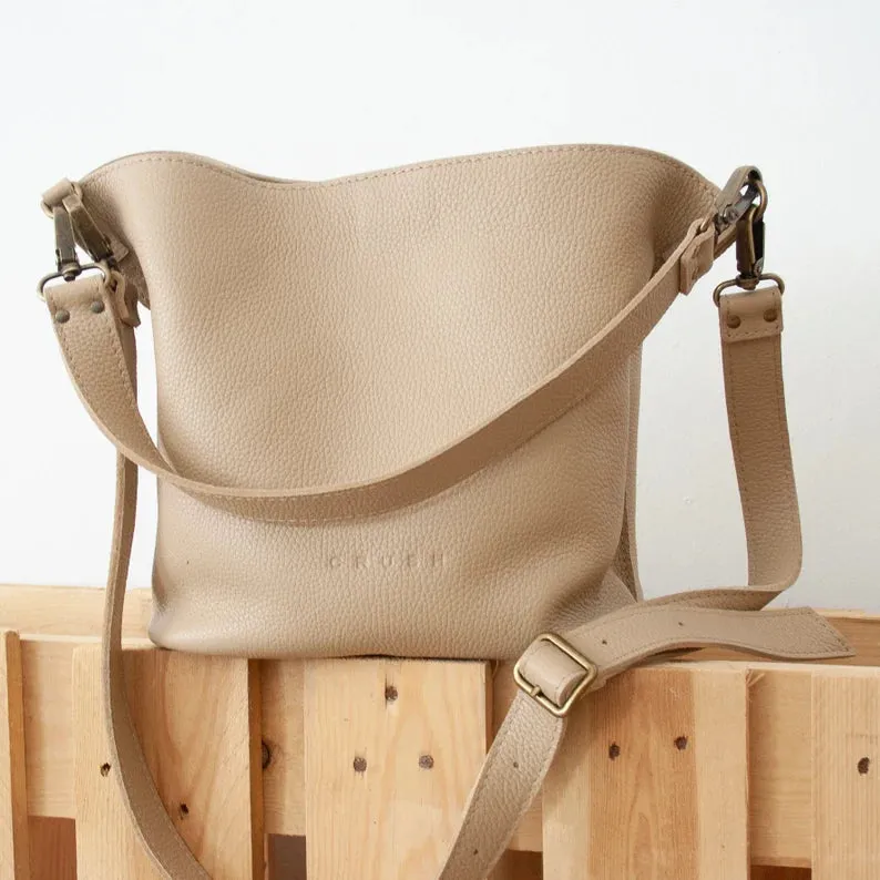 Leather Shoulder Bag-Bucket Crossbody-Moss Color