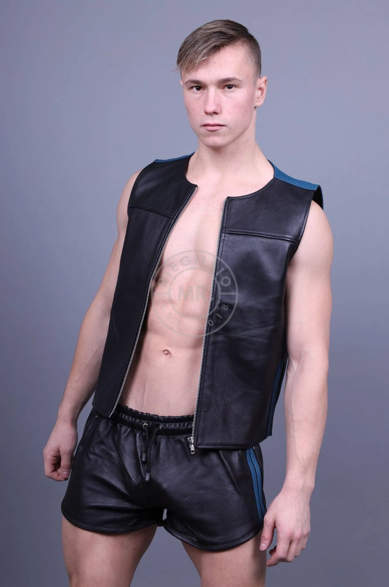 Leather Zipper Vest - Jeans Blue Panels