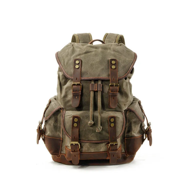 Leisure Vintage Waxed Leather Canvas Backpack for Hiking