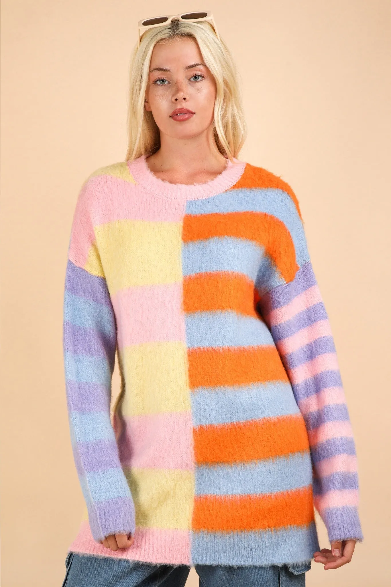 Lemon Oversized Striped Fuzzy Knit Sweater Top