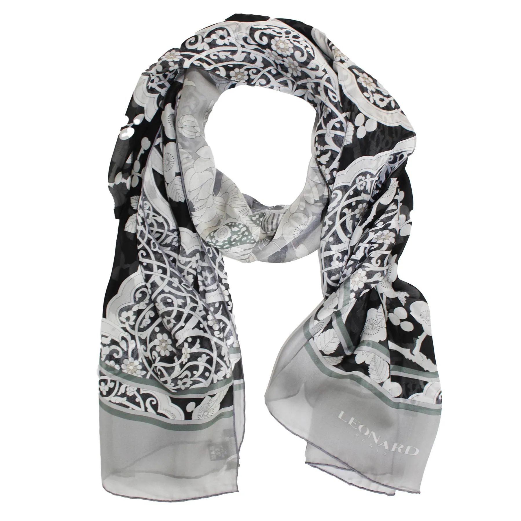 Leonard Paris Chiffon Silk Scarf Black Gray Floral SALE