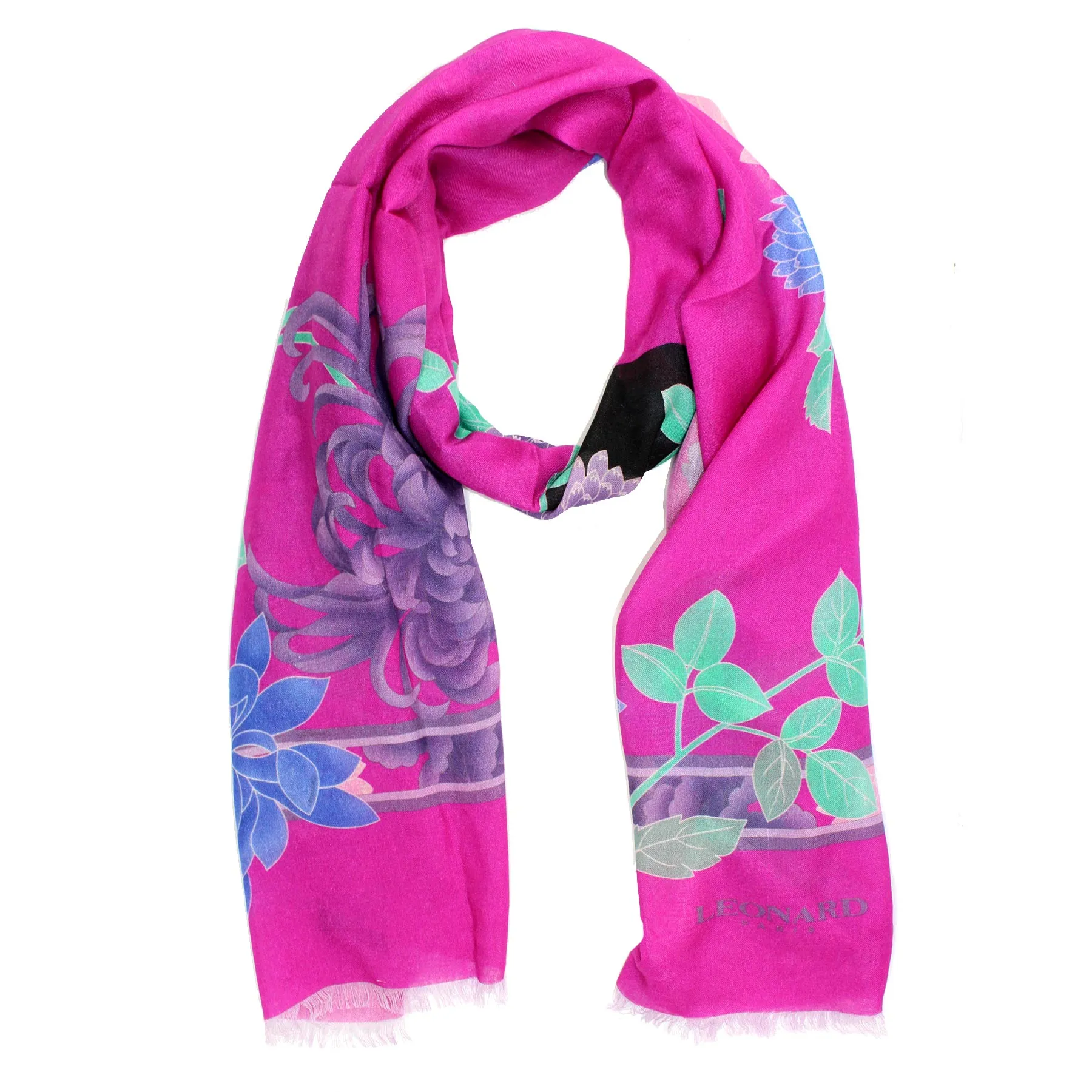 Leonard Paris Scarf Magenta Floral - Cashmere Silk Shawl SALE