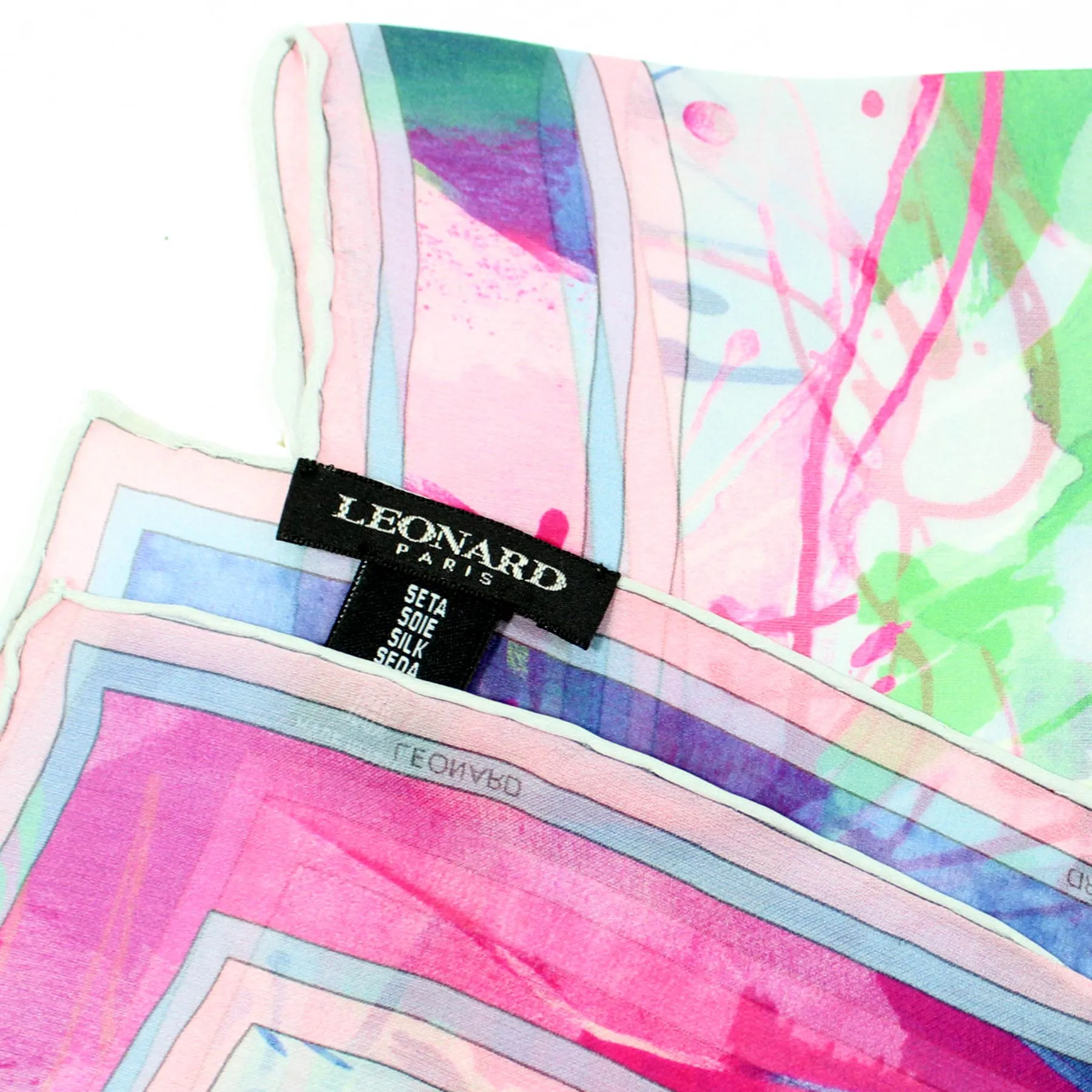 Leonard Scarf Pink Lime Watercolors - Large Square Chiffon Silk Wrap