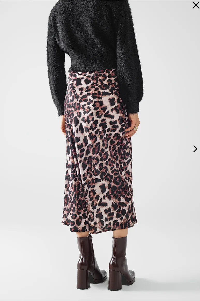 Leopard Mid Rise Flared Midi Skirt