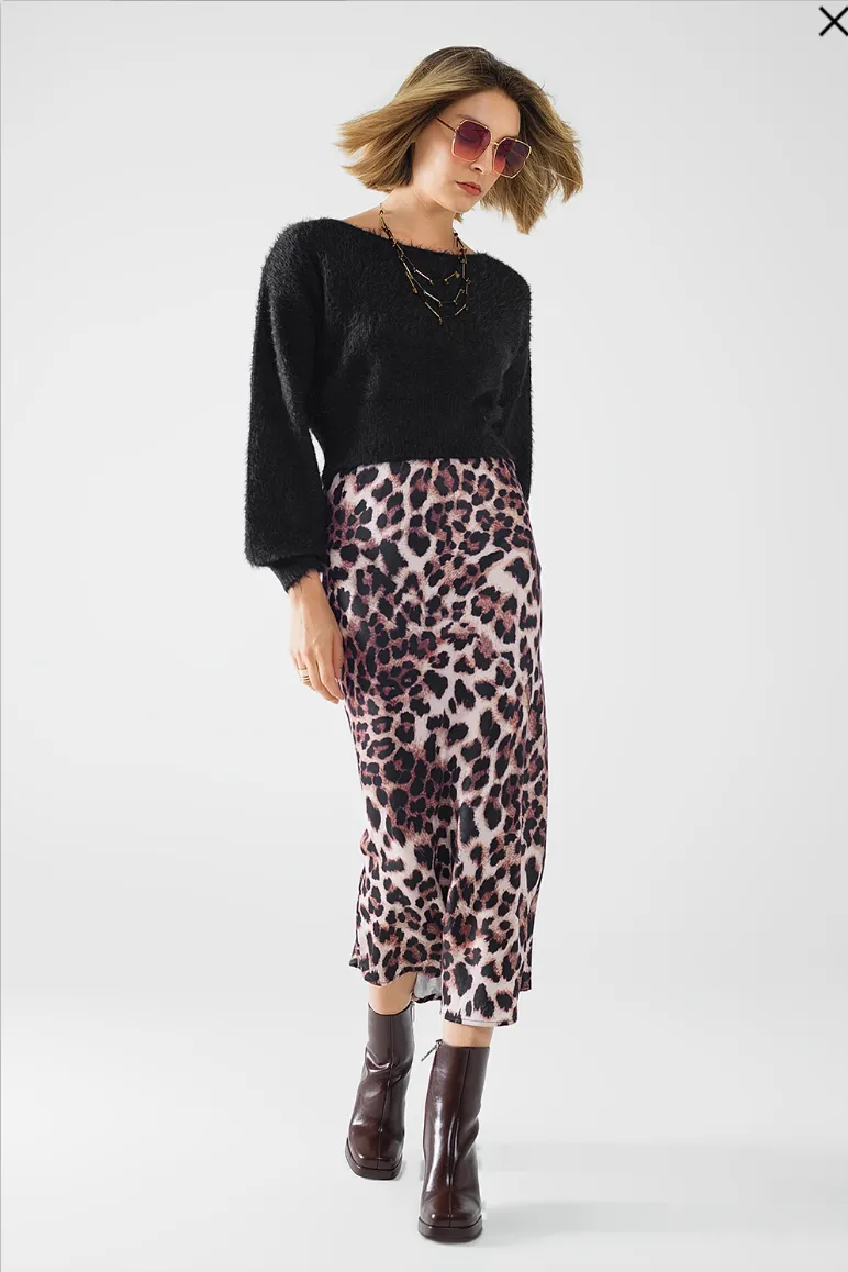 Leopard Mid Rise Flared Midi Skirt