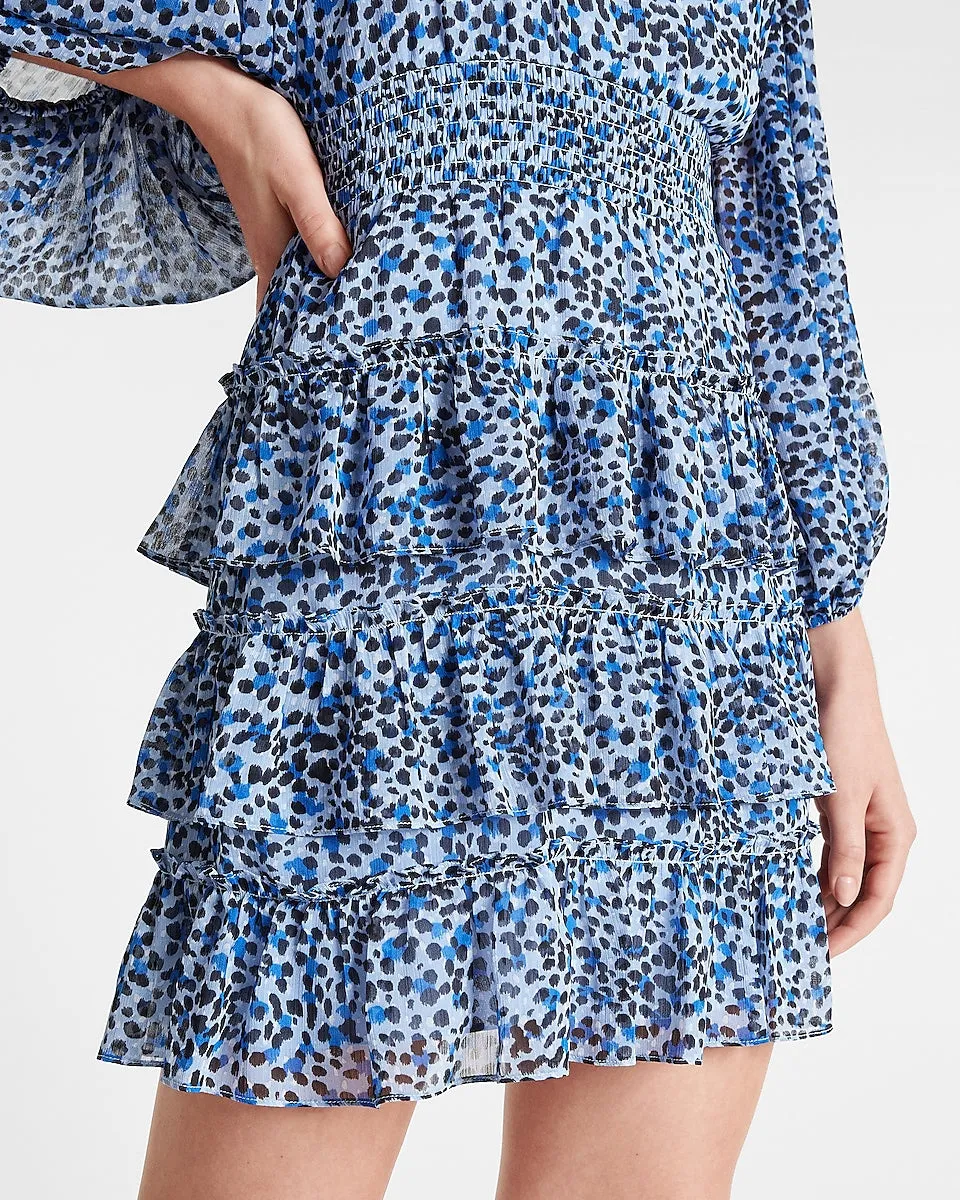 Leopard Print V-Neck Tiered Ruffle Dress in Blue Print