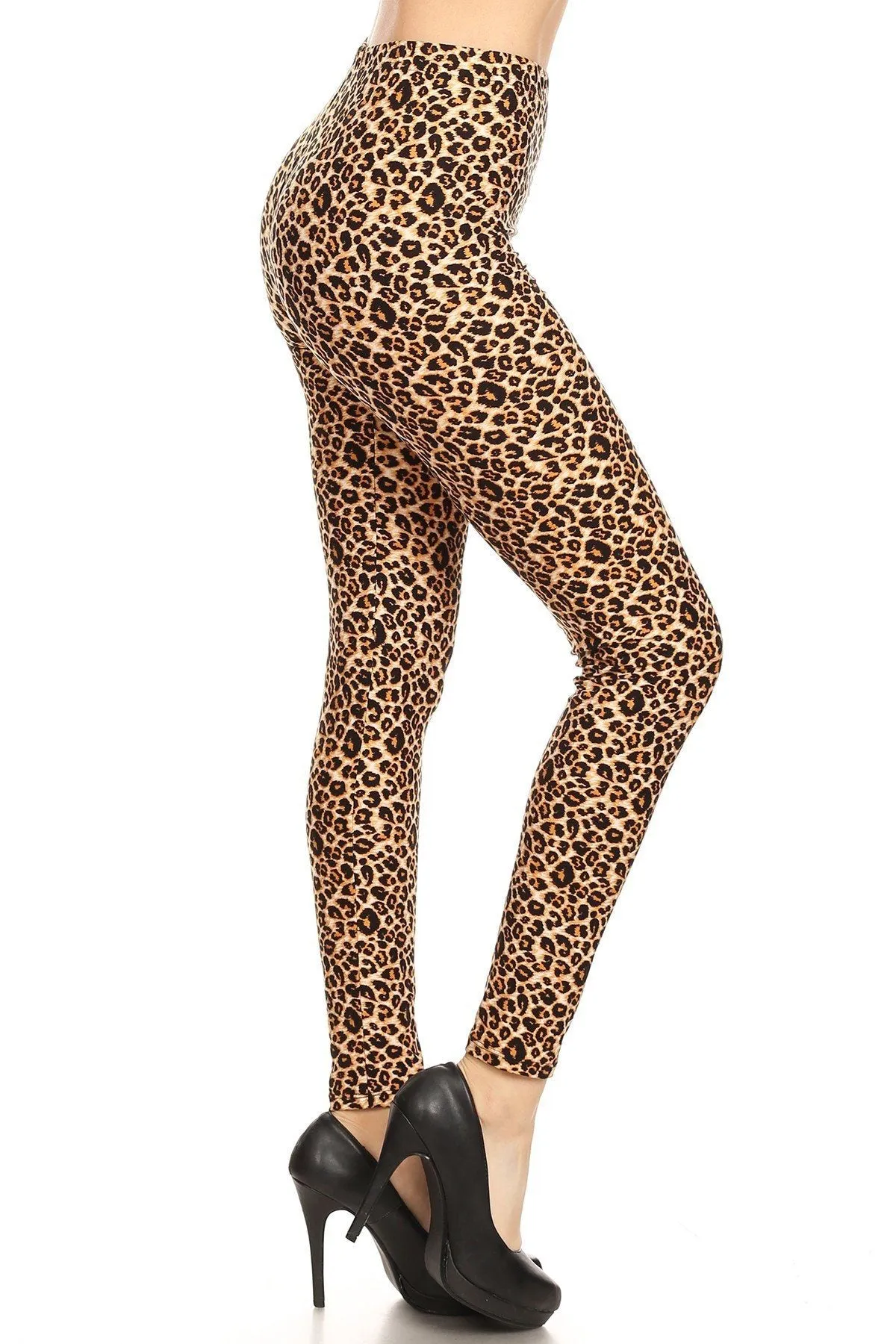 Leopard Printed, Full Length, High Waisted Leggings In A Fitted Style With An Elastic Waistband.