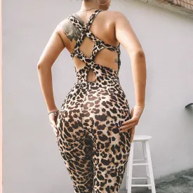 leopard sports fitness hollow jumpsuit