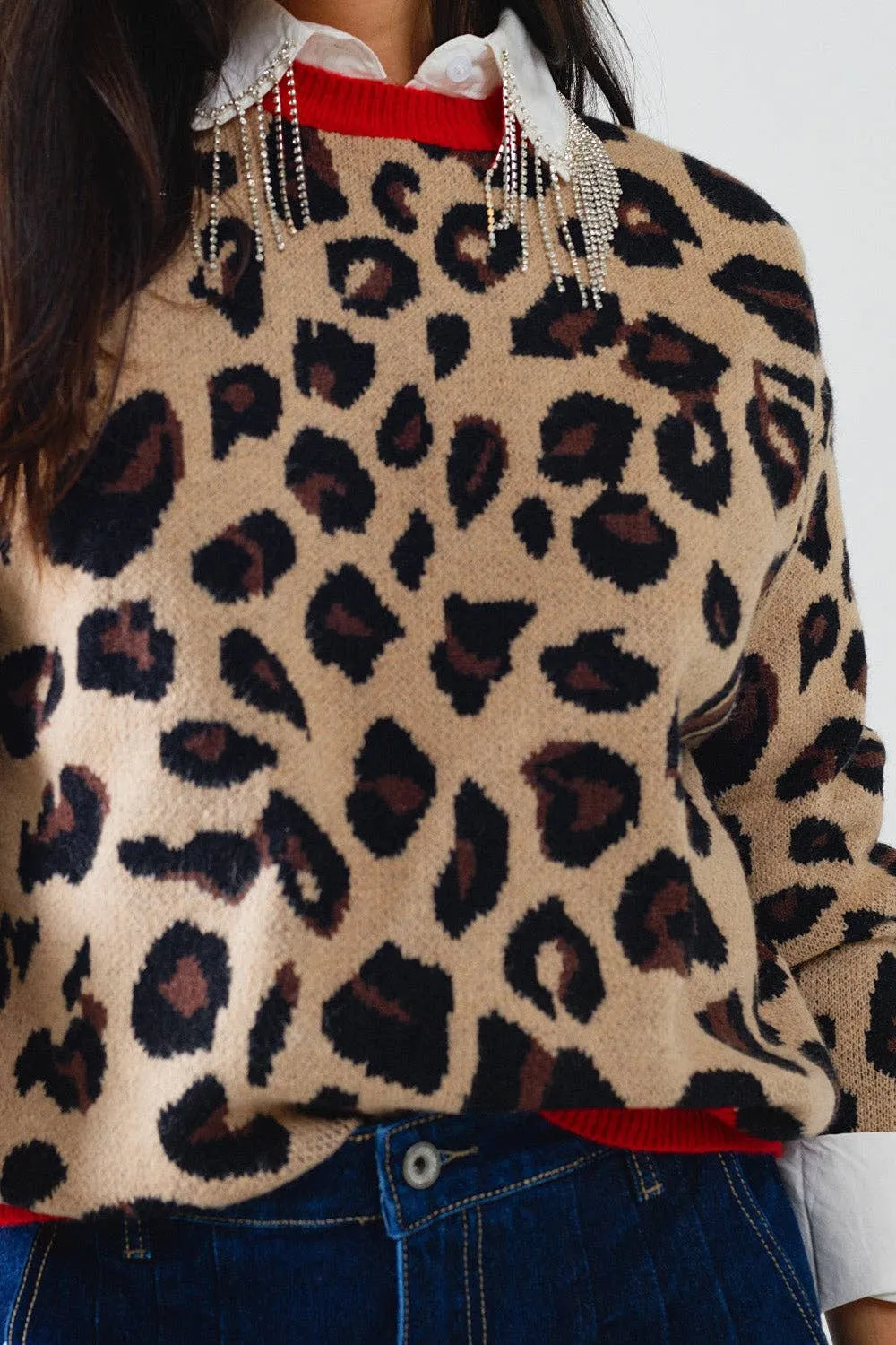 Leopard sweater with red detail on the neck and sleeves