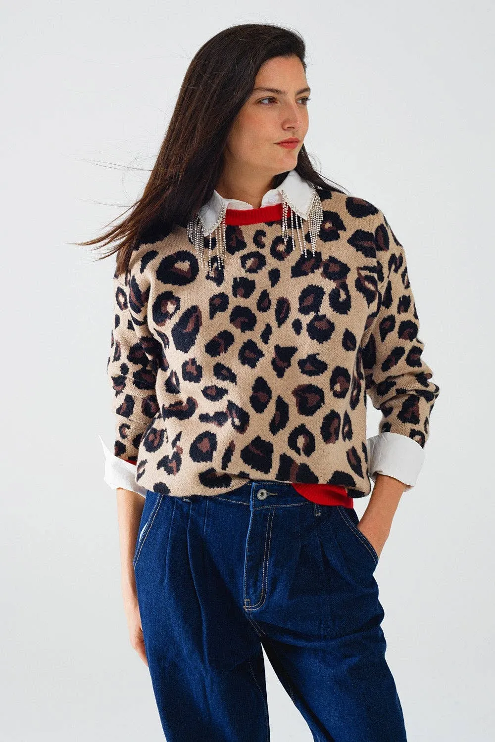 Leopard sweater with red detail on the neck and sleeves