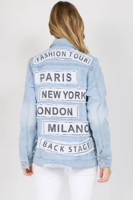 Letter Patched Distressed Denim Jacket