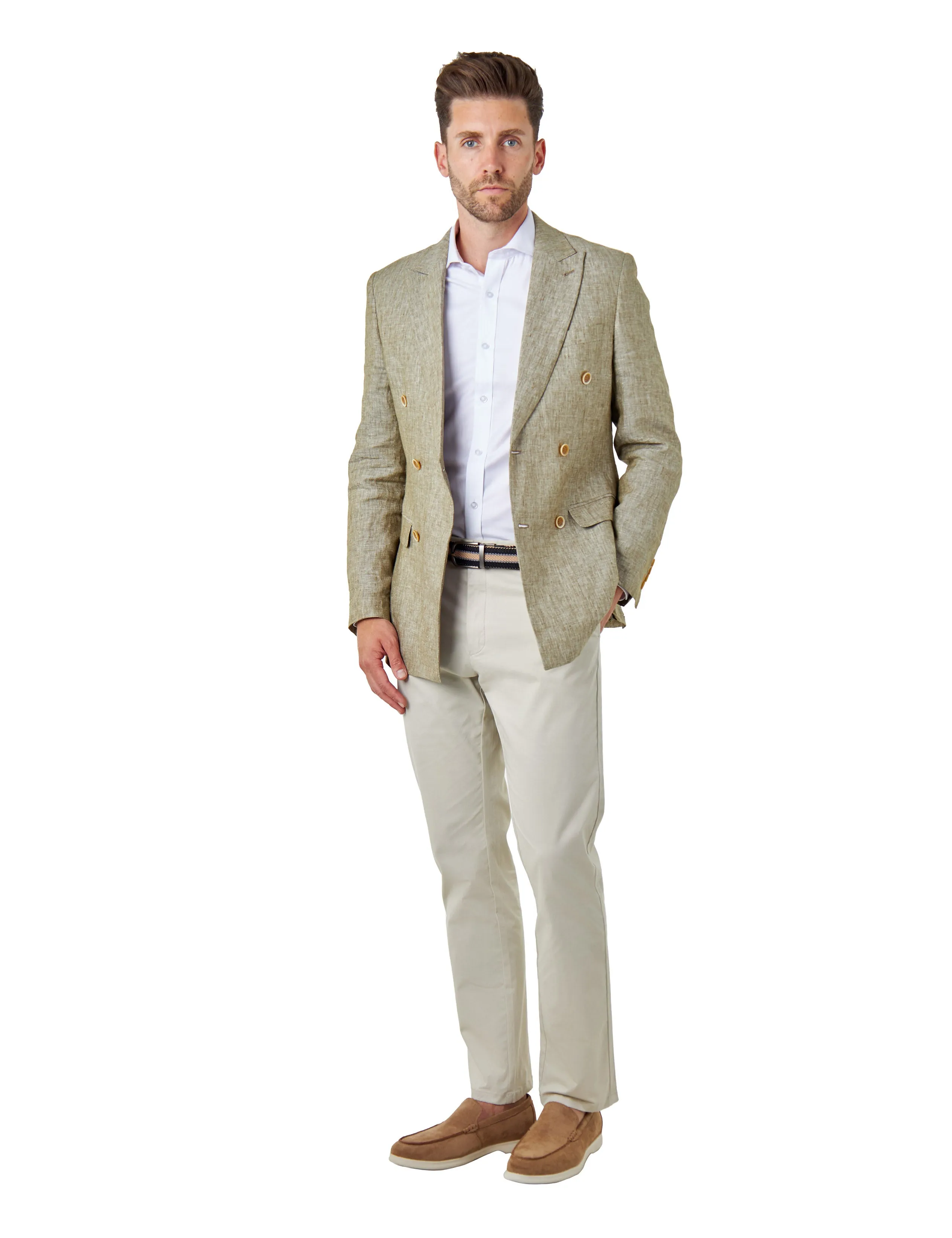 LEWIS - Tailored Fit Sage Green Linen Double Breasted Jacket