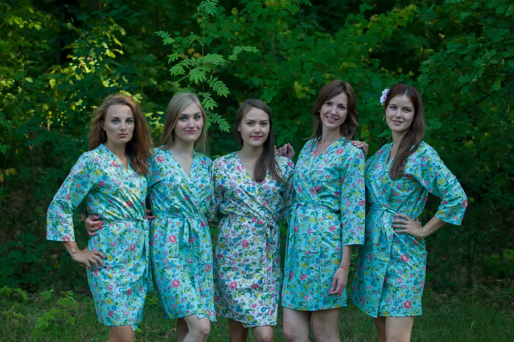 Light Blue Happy Flowers Pattern Bridesmaids Robes