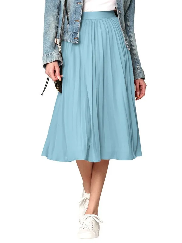 Light Blue High Elastic Waist Pleated Mid A-Line Swing Skirt