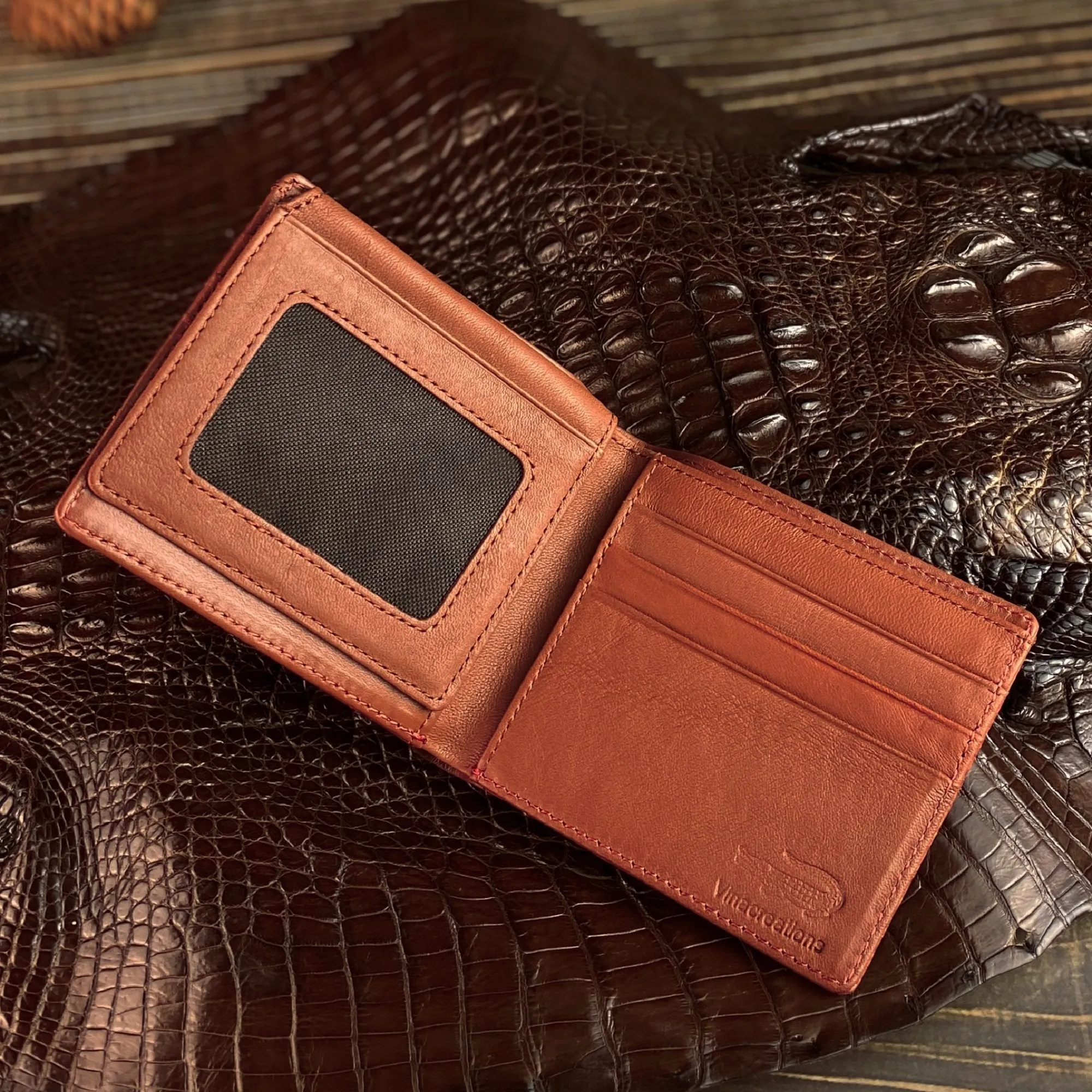 Light Brown Alligator Belly Leather Bifold Wallet for Men RFID Blocking | VINAM-30