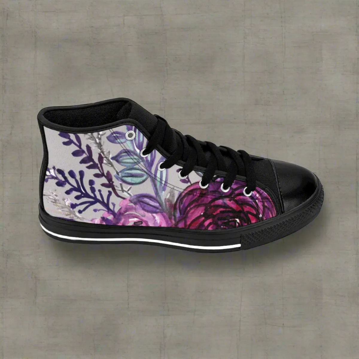 Light Gray Floral High Tops, Purple Rose Floral Print Men's High-top Sneakers Tennis Shoes